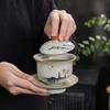 Juego de Té Gaiwan Vintage de Tres Piezas con Esmalte Ceniza, Juego de Té Kung Fu de Cerámica, Tazón de Té Pintado a Mano, Taza de Té Personal con Tapa
