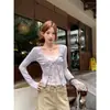Estilo fresco e doce, conjunto de duas peças com camiseta floral de manga longa para mulheres, moda outono, novo top slim fit, moderno e estiloso