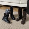 Botas de Pantalón de Suela Gruesa para Mujer, Nuevas Botas de Jinete Adelgazantes con Hebilla de Cinturón y Tacón Grueso, Botas de Media Pantorrilla, Botas Vaqueras Occidentales para Mujer