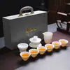 Juego de té de porcelana blanca de alta gama con acabado similar al jade, caja de regalo de juego de té kung fu blanco chino, adecuado para regalos de empresa, personalizable con logotipo