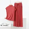 Conjunto casual simple de dos piezas para casa, talla grande, corte holgado, camiseta sin mangas de cuello alto de modal y conjunto de pijama de pantalones anchos