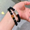 Pulseira de Prata 925 de Alta Qualidade com Ágata Negra Natural e Cristal Amarelo, Design Vintage com Múltiplos Círculos