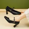 Sapatos de salto alto retrô estilo francês para mulheres, novo modelo outono 2026, bico quadrado, versátil para o trabalho, estilo minimalista, salto grosso, elegante Mary Jane
