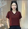 2024 Nova Camiseta de Verão com Gola Boneca Rhinting Cor Sólida Manga Curta Moda Feminina Redutora de Idade Emagrecimento Gola POLO Camisa Pequena