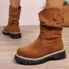 Botas Vaqueras Bordadas Retro de Gran Tamaño con Corte en V para Mujer 2025, Botas de Montar Marrones de Tacón Cuadrado hasta la Mitad de la Pantorrilla para Otoño e Invierno