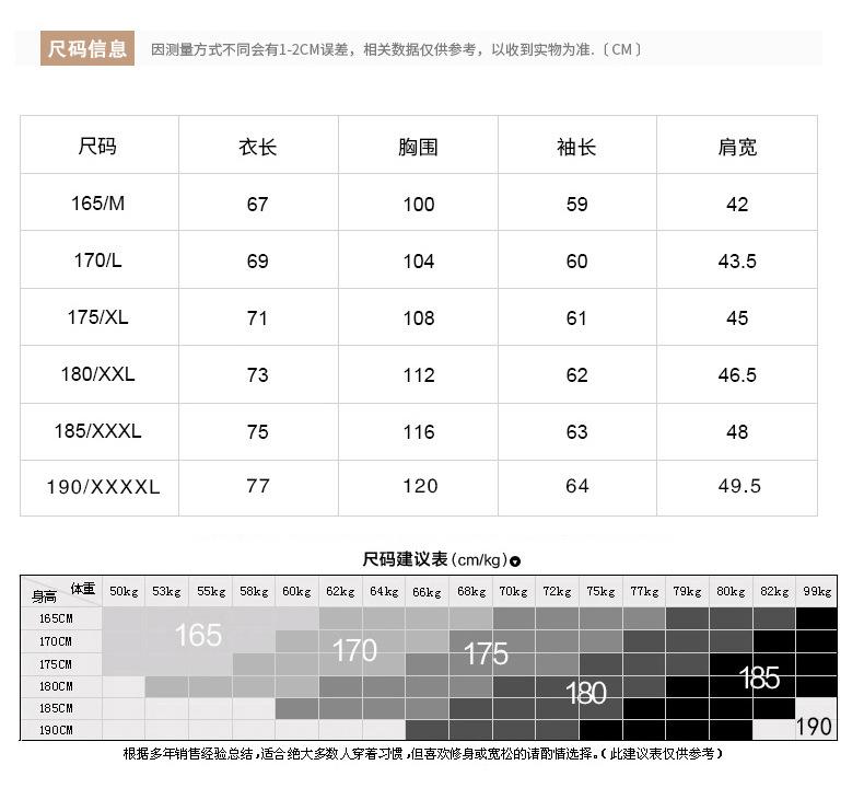 1秋冬长袖衬衫尺码表