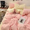 Juego de Cuatro Piezas de Color Sólido Bicolor Transfronterizo Estilo Japonés Simple Algodón Lavado Estilo Ins Estudiante Juego de Ropa de Cama Funda de Edredón de Tres Piezas