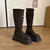 Botas largas de suela gruesa estilo coreano para mujer, colección otoño/invierno 2026, botas de motociclista que realzan la altura, marrones, estilo retro, tacón medio, plataforma impermeable, botas de punta redonda