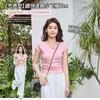 Aodai de cuello redondo, manga corta, estilo nuevo de verano 2026 para mujer, cintura fruncida con cordón, adelgazante, top de manga corta rosa pálido