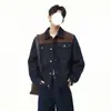 Chaqueta de mezclilla retro americana para hombre, nuevo estilo de otoño, patchwork de gamuza con costuras de contraste, top casual versátil con cuello de solapa