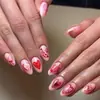 Menina Doce Coração Formato Longo Amêndoa Formato Pintado à Mão Coração Vermelho Arte de Unha Dia dos Namorados Pontas de Unha Postiça Removíveis