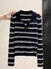 Top de punto a rayas con cuello alto y manga larga para mujer 2026 Nuevo Adelgazante Vintage Cuello de solapa Capa base Ropa interior