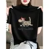 Camiseta feminina de algodão puro, manga curta, gola alta meia, escovada e espessa, branca, estilosa e versátil, top base para moda outonal