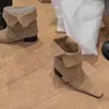 Versão em Couro Bota Cowboy Ocidental Estilo Coreano Nicho Botas Curtas Salto Grosso Bico Quadrado Pequeno Fivela de Cinto de Couro Cruzada Botas Emagrecedoras