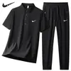 Camisa Polo Deportiva de Seda de Hielo para Hombre Traje de Verano Delgado Transpirable de Secado Rápido Manga Corta Pantalones Casuales Traje de Dos Piezas para Hombre