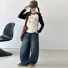 Conjunto Casual de Primavera y Otoño para Niñas 2026 Nuevo Elegante Tallas Mediana y Grande Estilo Coreano Top de Bloques de Color Jeans Curvos Modernos