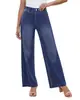Jeans de Punto Elástico Lavado de Pierna Ancha de Cintura Alta para Mujer, Pantalones de Mezclilla Sueltos Color Azul Oscuro Transfronterizos para Mujer