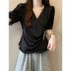 Camisa de manga corta con cuello en V para mujer de talla grande que cubre el abdomen Verano para mujer Hermana rellenita Cintura ajustada Adelgazante Hombro corto Top A3980