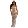C7422 Moda Europeia e Americana Transfronteiriça Aliexpress Amazon Vestido Feminino Sexy de Renda com Pedras Quentes Ombro Assimétrico Sem Mangas