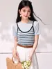 Foto Real Existem Verão 2026 Estilo Francês Design Listrado Color Block Manga Curta Camiseta Fashion Slimming Único Top