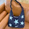 Bolso Tote de Nylon con Pliegues y Estampado de Estrellas, Gran Capacidad, Moderno, Versátil, con Cordón, para Primavera/Verano