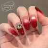 Uñas Postizas al por Mayor para Mujer Color Vino Tinto Degradado con Pedrería Exquisita Lujo Manicura Mediana Ovalada Estilo Puro Lustre