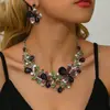 Conjunto de Colar e Brincos Florais Europeus e Americanos Populares Transfronteiriços, Joias com Pedras de Cristal, Acessórios de Vestuário para Noivas e Senhoras para Banquetes