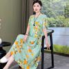 Nuevo Estilo Edad Media Estilo Occidental Madre Algodón Seda vestido Verano para Mujer Falda Larga de Algodón Artificial de Vuelo Amplio Vestido de Verano para Suegra 50 Años