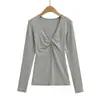 Camiseta de Manga Larga con Cuello en V Retorcido Estilo Puro Deseo para Mujer, Estilo Otoño, Camiseta Base Ajustada, Top Interior Corto Sexy