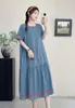 Vestido Curto de Verão 2026 Novo Estilo Coreano Desenho Bordado Flor Roxa Gola Alta Jeans Manga Curta Feminino Solto Oversized