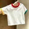 Camiseta Versátil Estampada Estilo Coreano de Manga Corta, Bloques de Color, Patchwork, Nuevo Estilo Verano 2026 para Niños y Niñas, Camiseta Básica de Manga Media de Algodón Puro