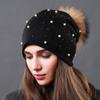 Gorro de Algodón Popular de Doble Capa con Perlas de Comercio Exterior Otoño e Invierno Versátil de Moda para Mujer Gorro Cálido para Mujer con Bola de Pelo de Mapache