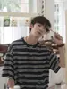 Exclusivo de Fornecimento Transfronteiriço Lyocell Listrado Manga Curta Masculino Verão Toque Fresco Color Block Adolescente Solto Casual Camiseta de Meia Manga