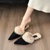 Pantuflas peludas de punta estilo coreano para mujer, nuevo estilo de otoño e invierno 2026, forradas de felpa, con tacón grueso, de punta cerrada, de algodón