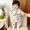 Macacão com Capuz de Bebê Super Fofo 2026 Novo Modelo Cão Listrado de Desenho Animado Fofo Macacão de Engatinhar Roupa de Uma Peça para Recém-Nascido Tendência