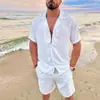 2023 Amazon Ebay Mais Vendida Havaiana Popular Masculina de Verão Gola Lapela Algodão e Linho Cor Sólida Casual Versátil Camisa de Manga Curta