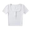 Camiseta de verano para mujer, estilo retro francés, con cuello cuadrado, botones, manga corta, ajustada, cintura alta, hasta el ombligo.