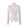 26 Otoño Estilo Coreano Retro Color Helado Manga Larga Chal Exterior Cárdigan + Chaleco Interior de Cuello Alto con Corte