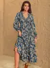 Amazon Transfronterizo Ropa Europea y Americana Verano Nuevo Vestido de Manga Larga con Estampado y Cuello en V