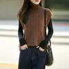 Chaleco de punto en capas 100% lana, nuevo suéter chaleco sin mangas de punto trenzado de cuello medio alto para mujer de otoño e invierno