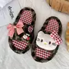 Pantufas de algodão infantis de pelúcia de gatinho fofo, design de laço xadrez, para uso interno, quentes, antiderrapantes e confortáveis