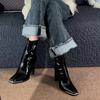 Botas de Moda y Versátiles de Piel Patentada con Punta Cuadrada y Caña Slim, Botas de Tacón Grueso hasta Media Pantorrilla para Mujer 2025 Otoño e Invierno Nuevas Botas Cortas de Tacón Alto