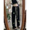 Pantalones casuales negros de pierna ancha con estampado de estrella estilo americano para mujer otoño e invierno Nuevos Cintura alta sueltos rectos con cordón deportivo