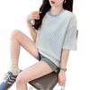 Playera a cuadros rosa para mujer, estilo coreano, nicho de verano, rejuvenecedora, versátil, adelgazante, holgada, cuello redondo, top de manga corta, Ins
