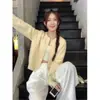 Cárdigan Corto de Punto Amarillo para Mujer Otoño Invierno Ropa de Abrigo Suéter Suave Lecheso Esponjoso Estilo Perezoso Holgado Adelgazante Top