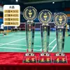 Trofeos de cristal hechos a medida para competiciones de bádminton, premios y recuerdos personalizados para campeones de eventos deportivos individuales y de dobles