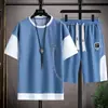 Traje deportivo de punto gofre para hombre, camiseta fina de verano holgada, pantalones cortos casuales de manga corta, conjunto de hombre, combinación elegante