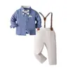 Traje Formal para Niños, Conjunto Formal para Niños, Camisa Azul con Corbata de Moño y Peto, Ropa Infantil para Bodas, Cumpleaños y Fiestas