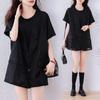 Foto Real de una Camiseta de Manga Corta Falsa de Dos Piezas con Parches Calados, Elegante Diseño de Verano, Top Casual Negro para Mujer