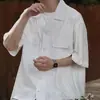 Camisa de Verano Estilo Japonés Holgada con Cuello Cubano, Manga Corta, Diseño Calado, Estilo Cityboy, Ropa de Trabajo, Camisa Casual Artística de Nicho para Hombre